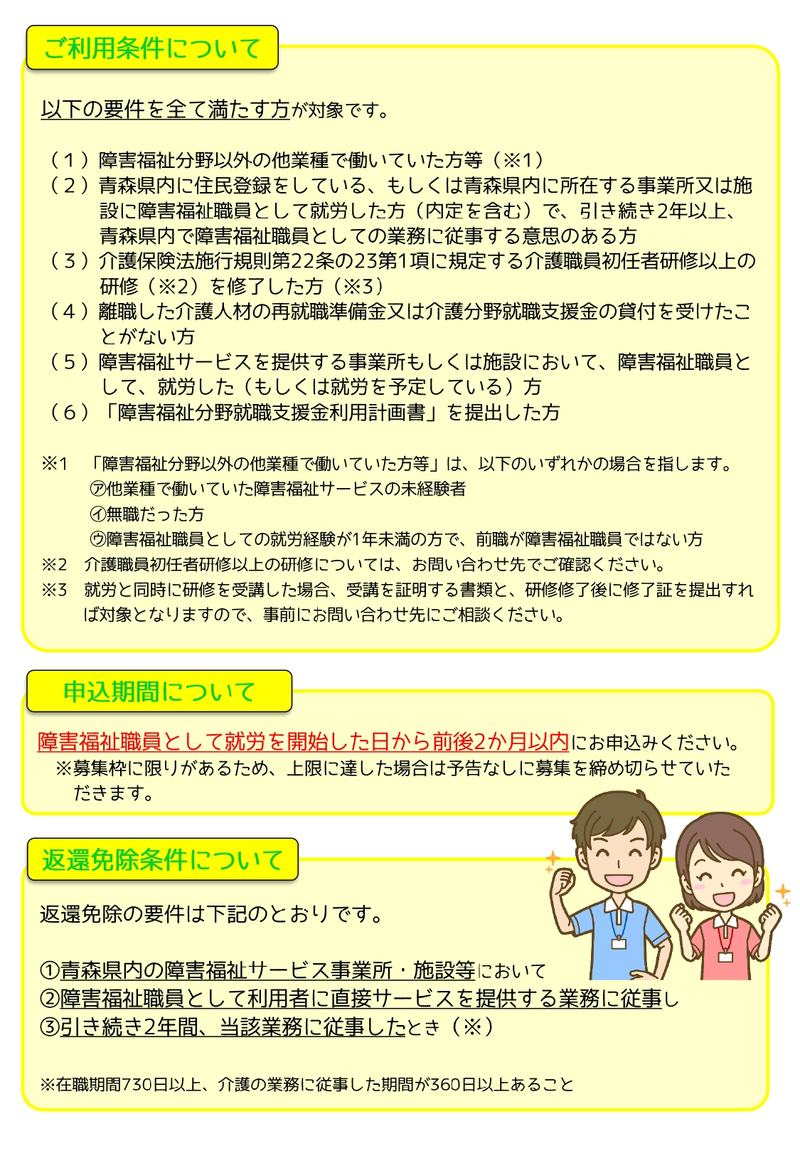 障害福祉分野就職支援金ご利用条件、申込み期間、変換免除条件について
